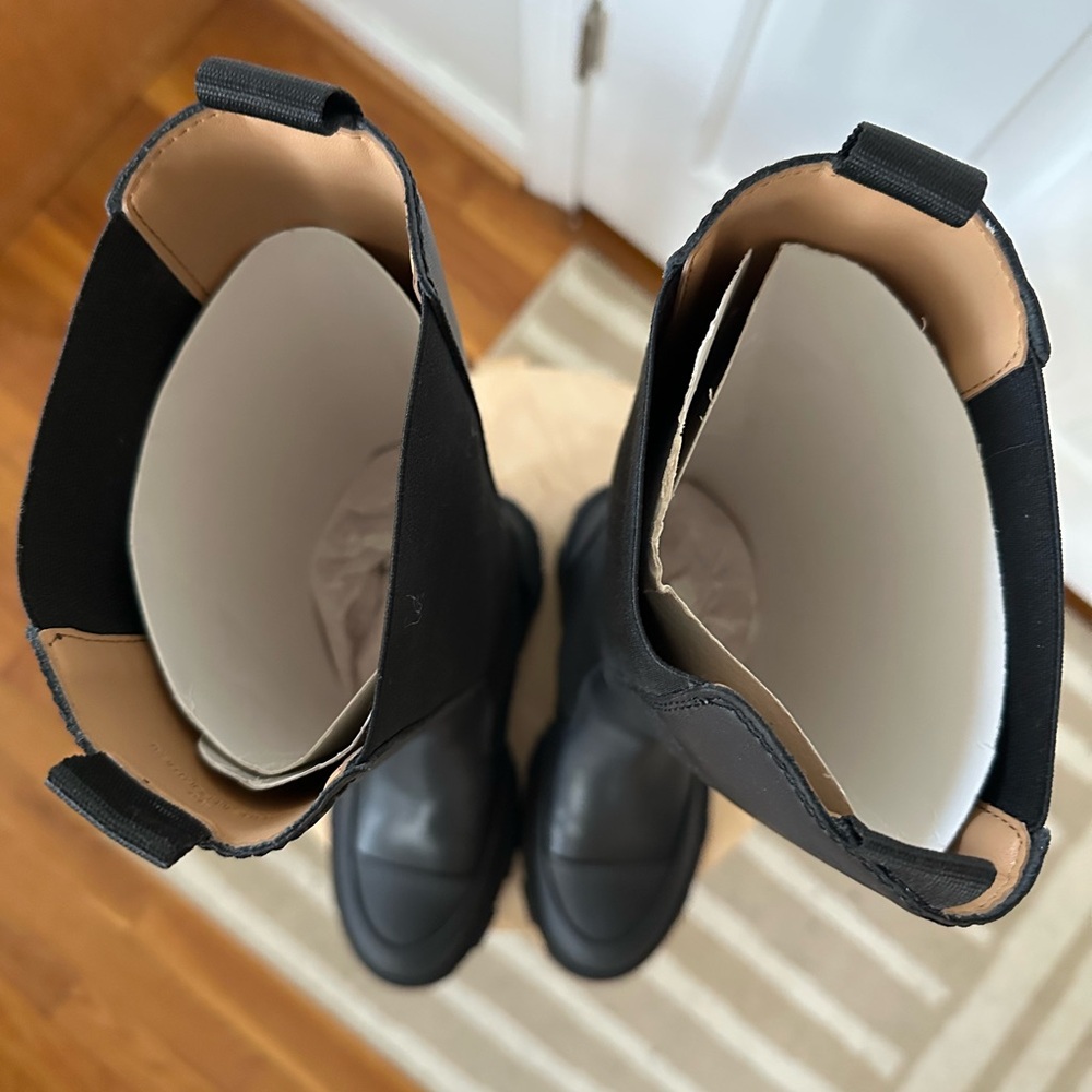 Ganni Knee High Leather Chelsea Boots Chunky Lug Sole Grunge Punk Edgy Black 10 - Picture 9 of 11